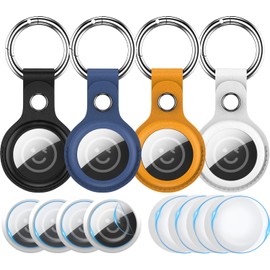 RFUNGUANGO Airtags Halter Schlüsselanhänger Schlüsselring, 4 Pack Ledertasche Abdeckung für Frauen Männer Kinder mit Apple Air Tag GPS Tracker Item Finders,Schwarz, gelb, blau, weiß