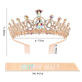 Oblihumoy 2 Pieces Rose Gold Birthday Crown and Sash for Women, Birthday Queen Sash and Rhinestone Tiara Set, Glitter Crystal Hair Accessories for Party