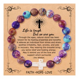 QWNHONEY Inspirational Gifts for Women Cross Beads Bracelet Colorful Imperial Stone Catholic Jewelry Gifts Life is Tough But So are You