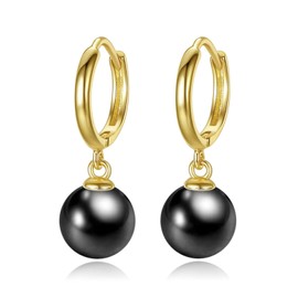 JAXXEL Black Pearl Earrings for Women,Hoop Pearl Drop Earrings 18K Gold Plated Hypoallergenic Earrings Pearl Drop Earrings Fine Jewelry for Women Size 10MM