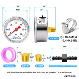 MEANLIN MEASURE 0-60Psi Stainless Steel Glycerin Filled Pressure Gauge 1/8" NPT 1.5" FACE DIAL, with 5/16" Barb Aluminum Fitting Adapter Liquid Filled Pressure Gauge (9Pieces Kit, Back Mount)