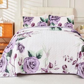 Cmfshape Rose Quilt Set Queen Size,Purple Flower Printed Bedspread Coverlet,Soft Lightweight Vintage Comforter Bed Set 3 Pcs,Romantic Bedding for All Seasons(Lilac,Queen 92"x96")