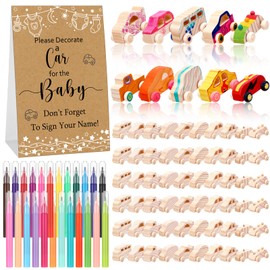 Hiboom 75 Pcs Baby Shower Wood DIY Car Toy Set Includes 50 Unfinished Wooden Car Blocks to Paint 24 Makers and Baby Shower Game Sign for Decorate a Block Game Prize, 10 Styles(Brown Simple Drawing)