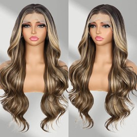 BABEHERS Brown mix Blonde Lace Front Wig for Women 13x4 Body Wave Synthetic Wigs Highlight Pre-plucked Long Wavy 150% Density for Daily Party Use 26 Inch