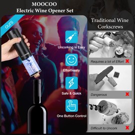 Moocoo Electric Wine Opener with Charging Base, Cordless Electric Wine Bottle Opener with 2-in-1 Aerator &Pourer, Foil Cutter, 2 Vacuum Preservation Stoppers, Display Charging Station for Easy Storage