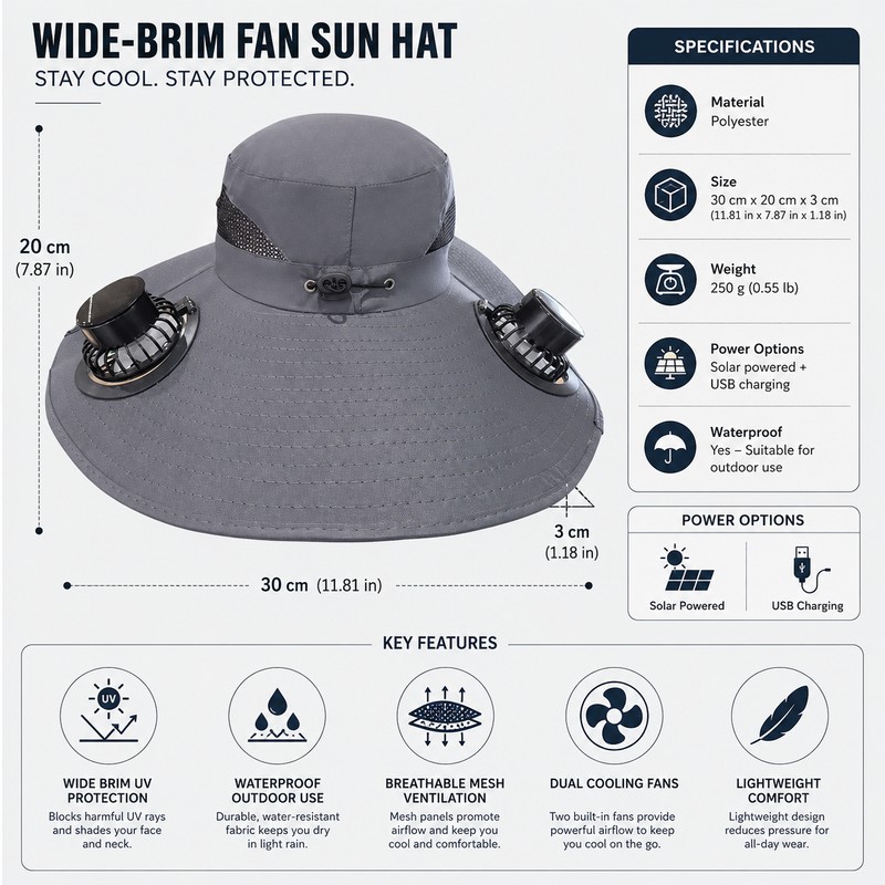 Solar Fan Wide Brim Hat for Outdoor Cooling – USB