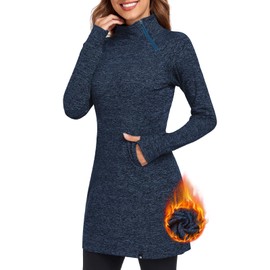 Soneven Women's Thermal Dress Mock Neck Running Fleece Sweatshirts Tunic Dresses with Pockets Winter Outdoor Athletic Quarter Zip Pullover