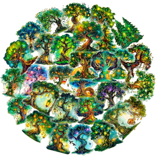 30-Piece Holographic Foil Green Magic Tree Scrapbook Stickers - Transparent
