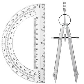 EBOOT Student Geometry Math Set, Metal Drawing Compass and 6 Inch Clear Swing Arm Protractors 180 Degree Math Protractor(Silver)