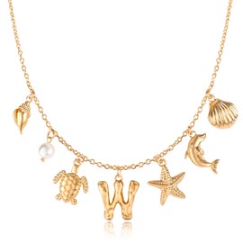 Initial W Charm Necklace For Women, Boho Gold Summer Beach Surfer Letter Necklace Starfish Seashell Pearl Turtles Dolphin Charms Pendant, Trendy Pendant Alphabet Choker Necklace Jewelry Gifts