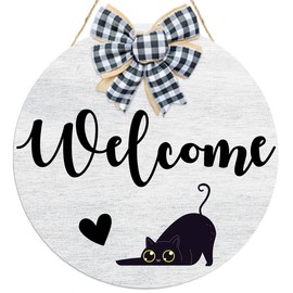 Funny Black Cat Welcome Sign,Black Cat Front Door Sign,Round Welcome Black Cats Wooden Hanging Sign for Cat Lover Home Porch Outdoor Decor,13.7''×13.7''