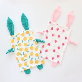 Emenpy Bunny Security Blanket for Boys and Girls,Cotton Soft Breathable Muslin Soothing Towel Appeasing Toy for Infant,Newborn Gift,2 Pcs Set(Strawberry&Orange)