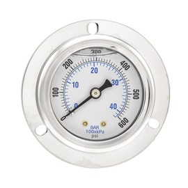 PIC Gauges 204L-404K Front Flanged Panel Mount Glycerine Filled Pressure Gauge w/ SS Case/Bezel, Brass Internals, PC Lens, 4" Dial, 0/600 psi Range, 1/4" Male NPT