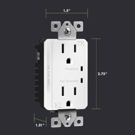TOPGREENER Surge Protector Receptacle with Grounding Indicator, Child Safe, Tamper-Resistant, Self-Grounding, 900 Joules, 2-Pole, 15A 125V, UL Listed, TGTRSS215R, White