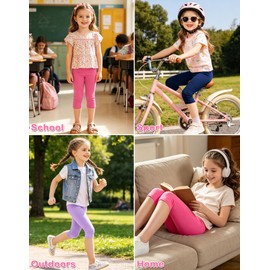Domueay Leggings Bambina 3/4 Pantaloni Modale Traspirante Stretch Tinta Unita Estivi Capri Legging Pacco da 3 Ragazze Danza Scuola Casual Abbigliamento 4-5 Anni, Navy Viola Rosso Anguria