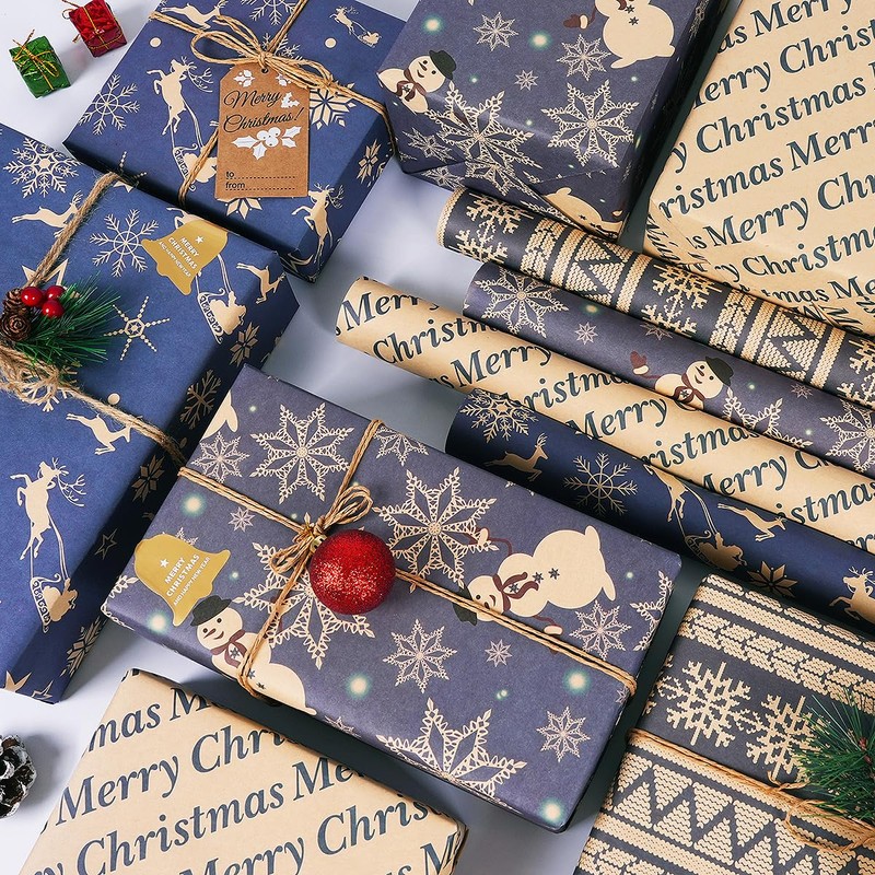Christmas Wrapping Paper, 8 Sheets Christmas Paper Set with Stickers