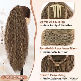 BARSDAR 76 cm Long Curly Ponytail Hairpiece with Drawstring Ponytail Hair Extensions, Synthetic Comb Clip Ponytail Extension for Women - Brown with Honey Blonde Highlights