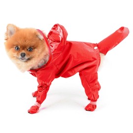 SMALLLEE_LUCKY_STORE Cute Raincoat for Small Dogs with Hood and Boots Detachable Tail Puppy Botton Down Rain Jacket Full Boby 4 Leg Jumpsuit Waterproof Lightweight Clothes,Red,XXL