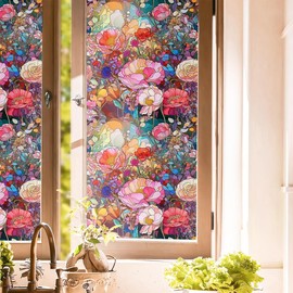 Colorful Pink Red Stained Glass Flowers Blue Purple Wildflowers Window Films Double-Side Decorative Privacy Film Self-Adhesive Static Window Clings Stickers for Living Room Bathroom