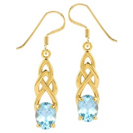 Silvershake - arete colgantes de plata de ley 925 chapada en oro amarillo de 18 quilates de 7 x 5 mm, con forma ovalada auténtica, topacio azul de 18 quilates, piedra natal de diciembre, Plata de ley Plata de ley Chapado en oro de 18 quilates, Topacio az