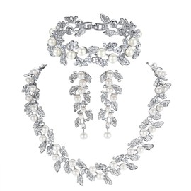 mecresh Simulated Pearl Leave Floral Bridal Jewelry Sets Crystal Wedding Necklace Earrings 2022 Fashion Jewelry Bracelet Sets Jewelry Engagement Silver