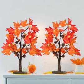 YEAHOME Fall Decorations for Home, 2 Pack 24”/2FT Lighted Fall Maple Leaves Tree with Warm White LEDs Autumn Decor, Pumpkin Lampshade, Pine Cone, Acorn Ornaments Battery Powered Timer for Thanksgiving