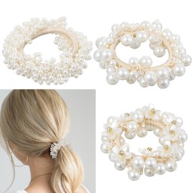 Guduling 3pcs Pearl Hair Tie, Flower Beaded Hair Ties, Irregular Round Pearl Hand-Wrapped, Elastic Flower Pearls locks Tie, Pearls Ponytail Holder for Women and Girls, White