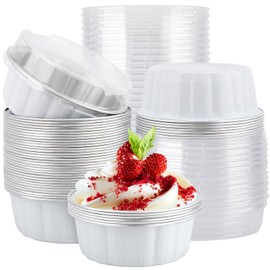 EUSOAR Muffin Liners for Baking, 50pcs 9oz White Foil Ramekins, Aluminum Desert Cups with Lids Bread Pudding Disposable Creme Brulee Ramekins Round Holders for Wedding Birthday Theme Party