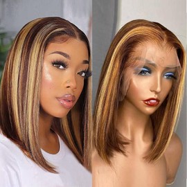 13x4 Bob Straight Human Hair Wig Lace Front Wig 100% Human Hair Pre Plucked with Baby Hair 180% Density Wigs for Black Women Natural Color (4/27 Ombre bob wig human hair, 12 Inch)