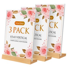 MaxGear Acrylic Sign Holder 8.5x11, Clear Table Display Stand With Wood Base, T Shape Slant Back Sign Frame Plastic Paper Holder Detachable Base Table Menu Flyer Stand for Office Store 3 Pack