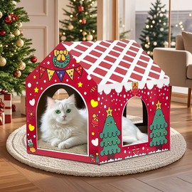 LUCKITTY Christmas Cardboard Cat House for Indoor Cats with Scratcher Pad, Xmas Cats House Holiday Cat Scratcher Hideout Decorations