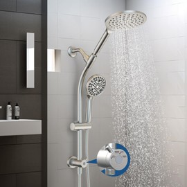 7.5" Rotatable Dual Shower Head with Handheld Combo, Kids Friendly Low 3-Way Diverter, Adjustable Slide Bar for Whole Family Use, Enjoy High Pressure Rainfall Spa Shower, Brush Nickel Finish