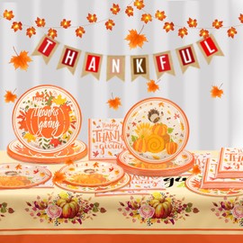 Thanksgiving Party Supplies Tableware Set - 73 Pack Pumpkin Turkey Maple Thanksgiving Plates Napkins and Tablecloth Disposable Dinnerware for Fall Themed Thanksgiving Dinner Party Decorations
