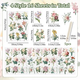 WANDIC 16 Sheets Rub On Transfer Stickers Minimalist Retro Flower Decals Waterproof Stickers Furniture Craft Decals for DIY Scrapbooking Making Greeting Cards Gift,4 * 6in