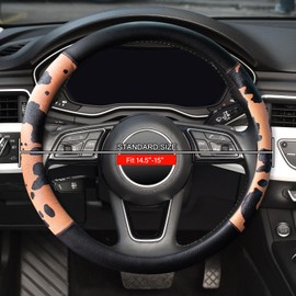 Cow Print Car Steering Wheel Covers, Breathable Microfiber Leather for Women and Men, Universal 15 inch Anti-Slip Steering Wheel Protector, Black Brown