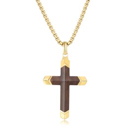 Ropartman Wooden Cross Necklace for Men, 18K Gold Plated Stainless Steel Mens Cross Necklaces Hand Inlaid Real Ebony, Christian Black Wood Crucifix Pendant 24" Box Chain (Gold)