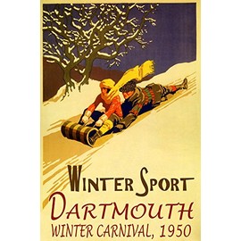 Dartmouth Winter Carnival 1950 Winter Sport Family Fun Sledding Down Snow Hills Toboggan Bobsled 20" X 30" Vintage Poster ON Canvas REPRO WE Have Other Sizes