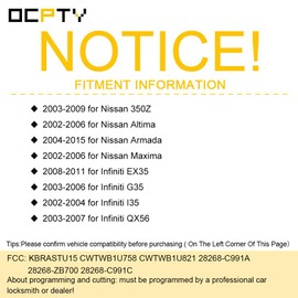 OCPTY 2X Keyless Entry Remote Control Key Fob Transmitter Replacement for Specific for Nissan/for Infiniti Series KBRASTU15 CWTWB1U758 CWTWB1U821