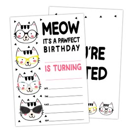 rizotus Cat Birthday Invitations for Boy Girl, Kitten Meow Birthday Party Invites Cards for Kids, It's a Pawfect Birthday Party Celebration, Set of 20 Card with Envelopes -A26