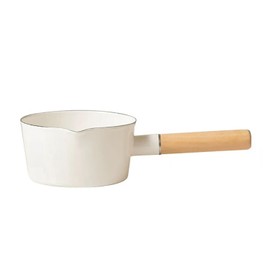 FYUEROPA Enamel Milk Pot, Butter Warmer Non-stick Saucepan, 6 Inch 37 Oz Cookware with Wooden Handle (White)