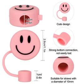 Whaline 4Pcs Smile Face Straw Covers 0.4 Inch Orange Purple Pink White Silicone Reusable Round Straw Topper Double Sided Pattern Straw Tip Covers For 30 & 40 OZ Tumbler with Handle
