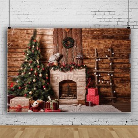 Christmas Fireplace Background, Christmas Scene Background, Christmas Background for Photography, Christmas Photography Background with Christmas Tree Vinyl 10 x 6.5 ft