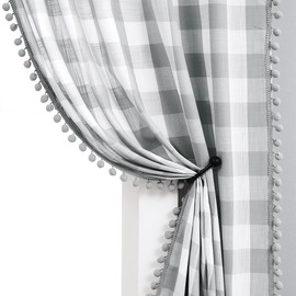 Treatmentex Grey-White Buffalo Check Pompom Curtains for Living Room 45 inch Length Gingham Plaid Semi Sheer Window Drapes for Small Windows Country Rustic Farmhouse Décor 2pcs