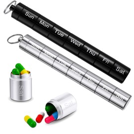 Vesici 2 Pack Metal Weekly Pill Organizer Travel Pill Container with Keychain 7 Day Weekly Waterproof Small Capsules Holder Case Box Stackable for Women Men Travel Outdoor(Black, Silver)