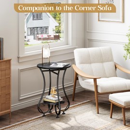 X-cosrack Small Round Side Table,Round End Table for Small Spaces - Black Metal Nightstand with Adjustable Feet,Couch Sofa Coffee Table,Retro Accent Table for Living Room Bedroom Balcony