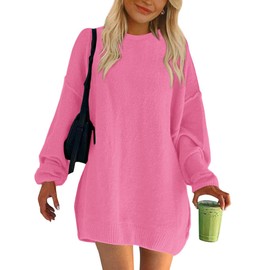 BTFBM 2025 Womens Sweaters Casual Crewneck Long Sleeve Oversized Sweater Dress Fall Winter Loose Slouchy Soft Pullover(Solid Rose Pink, Large)
