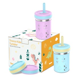 Tronco [2 Pack] 10 oz 2-in-1 Stainless Steel Kids Tumbler Cups with Silicone Sleeves, Spill-Resistant Flexible Straws & Storage Lids, BPA-Free Smoothie and Snack Cups, Dishwasher Safe