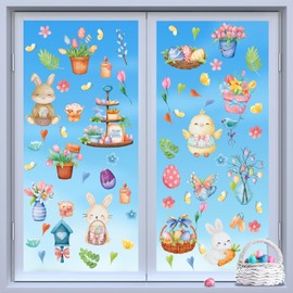 Aurlanr Happy Easter Window Cling,Bunny Egg Glass Door Decals,Colorful Eggs Rabbit Chick Butterfly Window Decals,Pretty Flower Wall Sticker,Easter Door Decoration for Home,Office