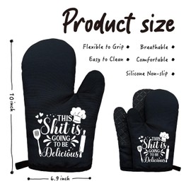 This Sxxt is Going to be Delicious Funny Black Oven Mitts with Hanging Loop and Silicone Non-Slip, Women Men Cooking Baking BBQ Utensils 2-Piece Set, Gifts for Chef Bakers Wife BFF