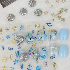 Summer Nail Stickers 5D Embossed Colorful Shell Starfish Ocean Nail Art Stickers Self-Adhesive Spring Nail Art Decorations Nail Art Supplies Cute Nail Decals for Women Acrylic Manicure Accessories